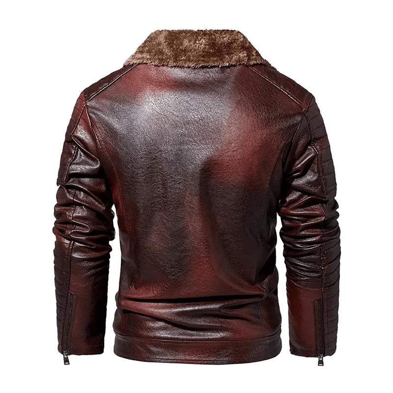 Men's Fur Collar Thicken Leather Jacket / Pockets Zipper Warm Jackets / Windproof Outerwear Clothing