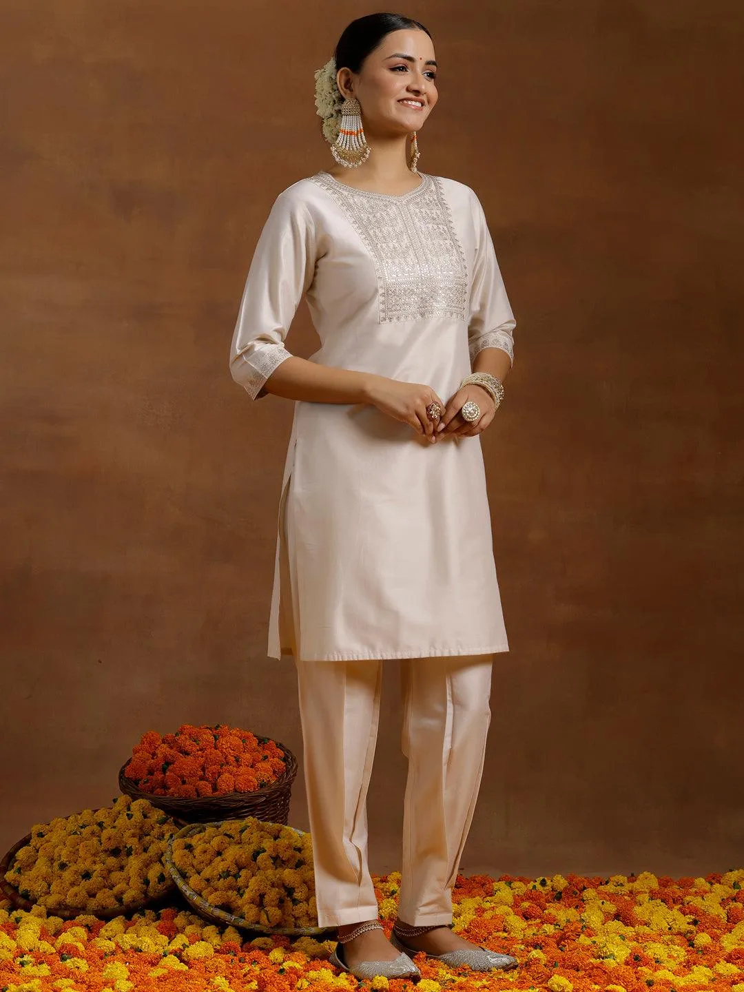 Off White Yoke Design Silk Blend Straight Suit With Dupatta