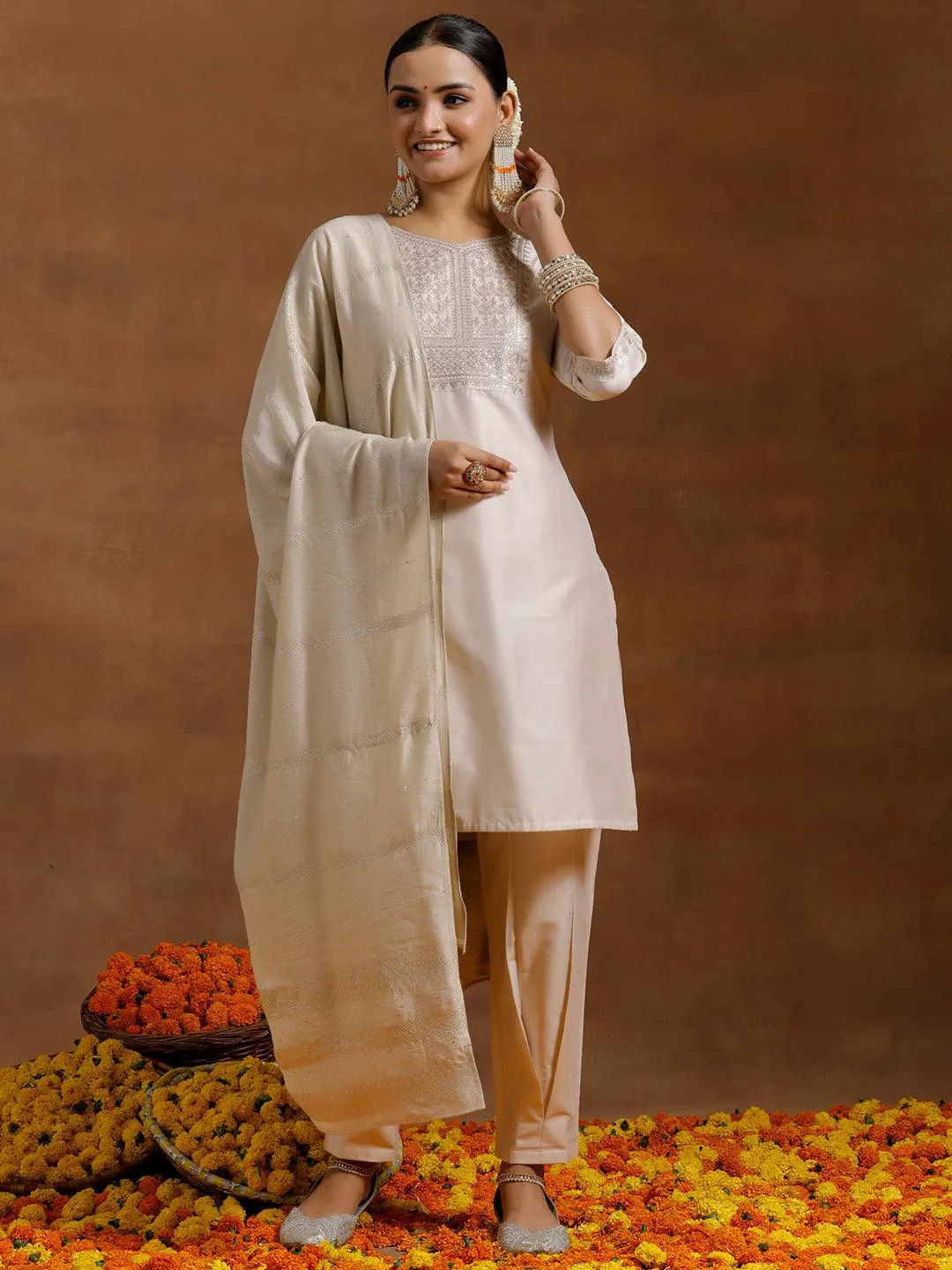 Off White Yoke Design Silk Blend Straight Suit With Dupatta