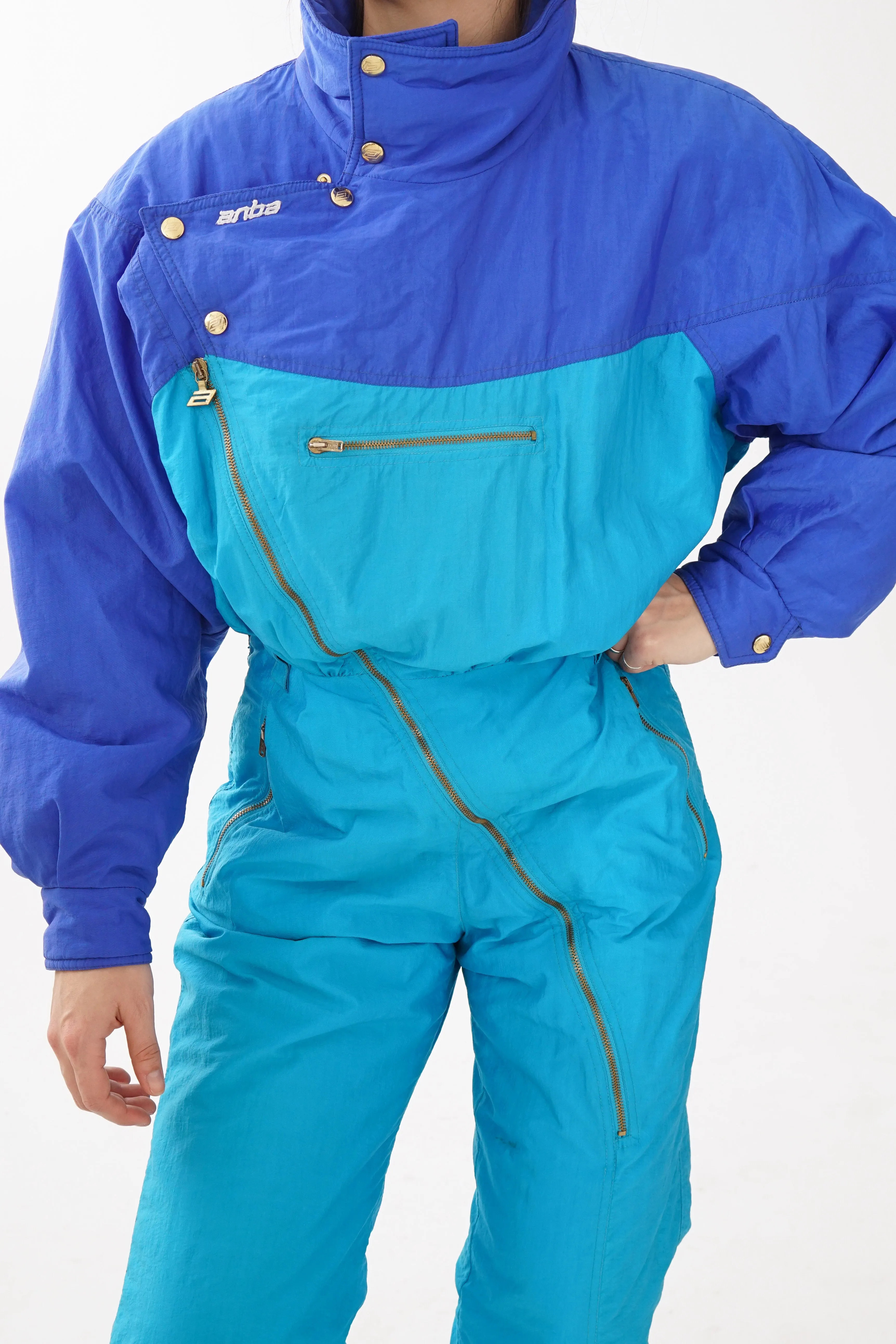 One piece vintage Anba ski suit, snow suit bleu et turquoise taille 42 (M)