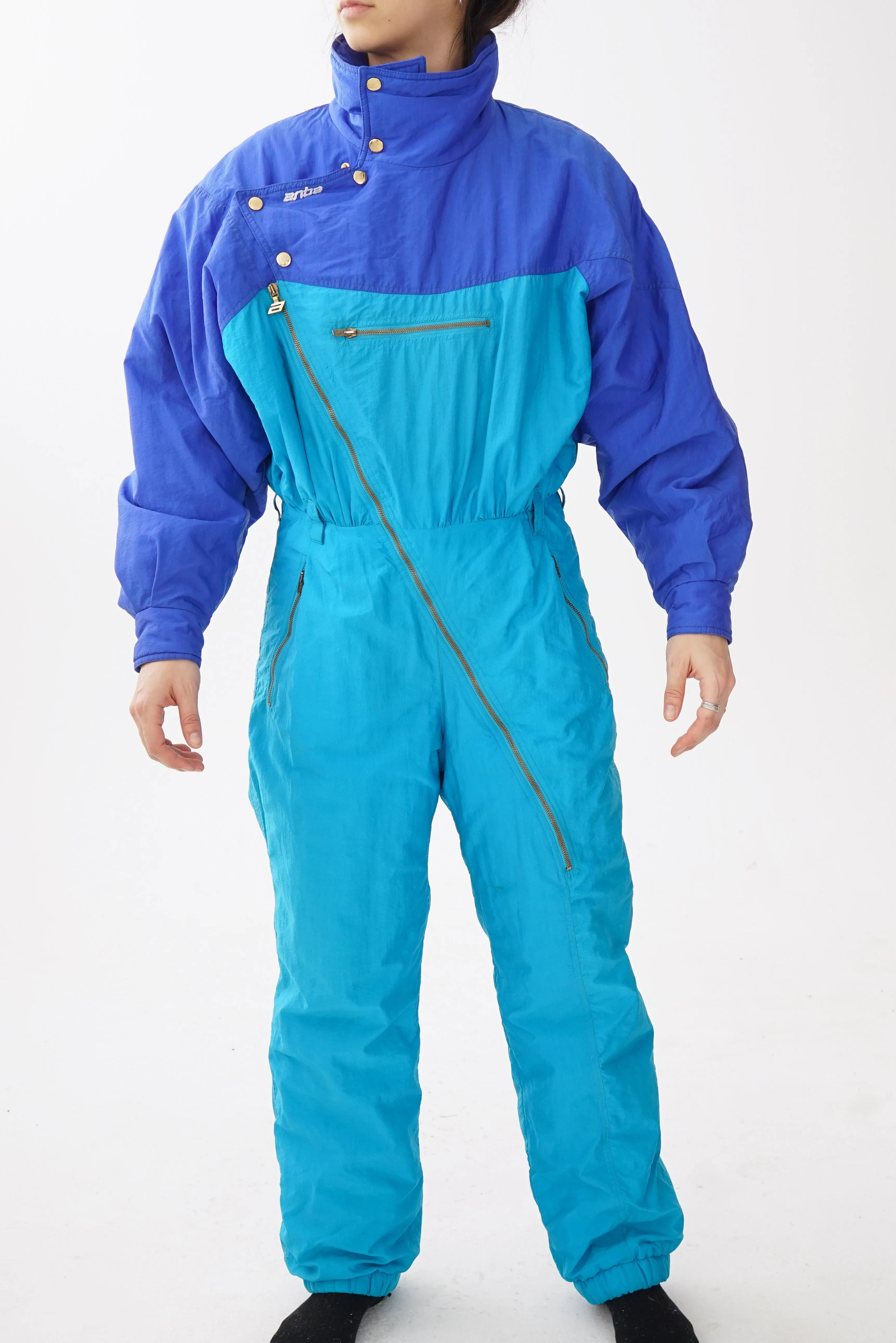 One piece vintage Anba ski suit, snow suit bleu et turquoise taille 42 (M)