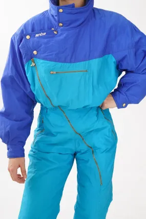 One piece vintage Anba ski suit, snow suit bleu et turquoise taille 42 (M)