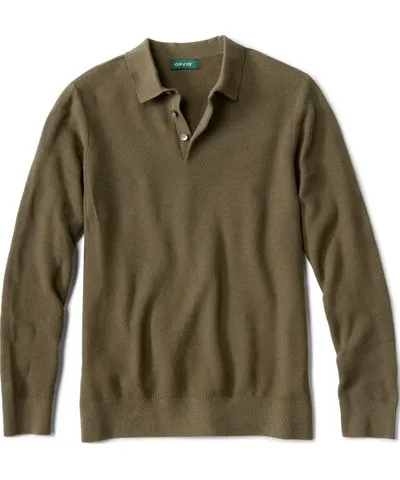 Orvis Men's Cotton Cashmere Polo Shirt Sweater Tarragon Size Small Recycled Materials/Cotton/Cashmere/Nylon