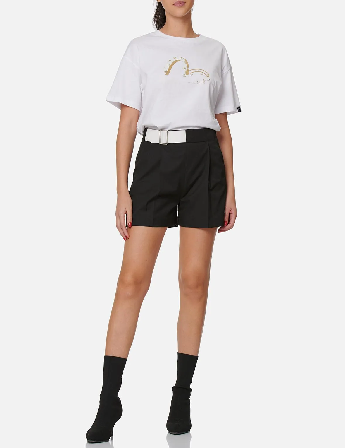 Partial Leather Buckle Belt Shorts