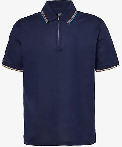 Paul Smith Mens Blue Striped-trim half-zip cotton-piqué polo shirt