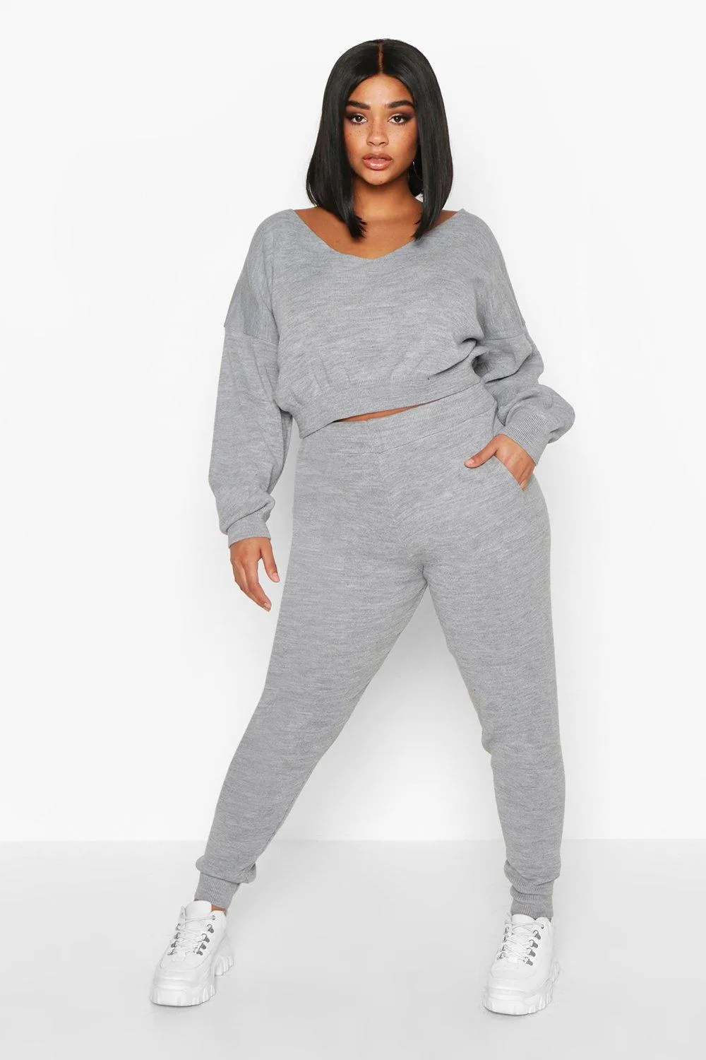 Plus Cropped V Neck Knitted Loungewear Set