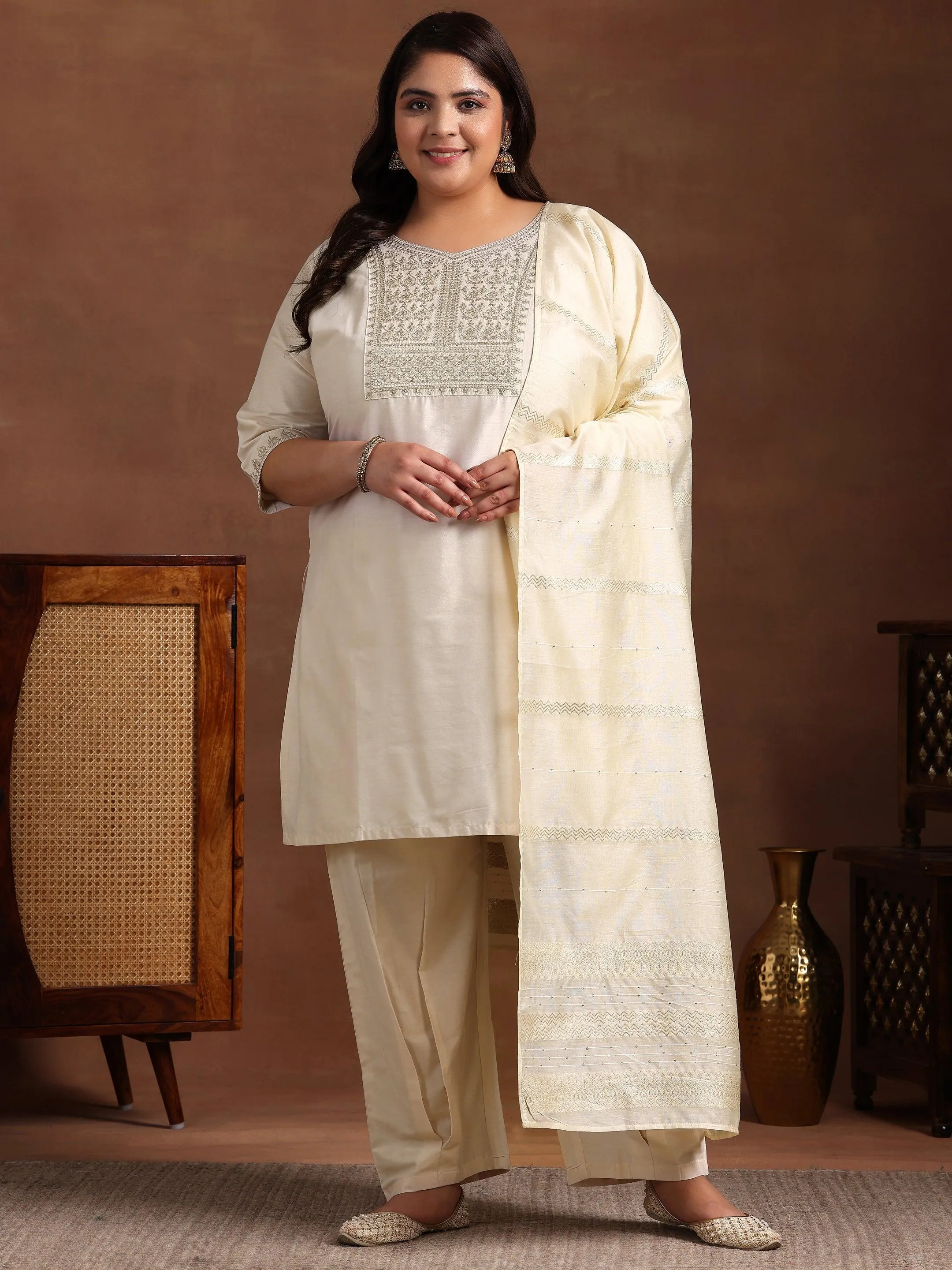 Plus Size Off White Yoke Design Silk Blend Straight Suit With Dupatta