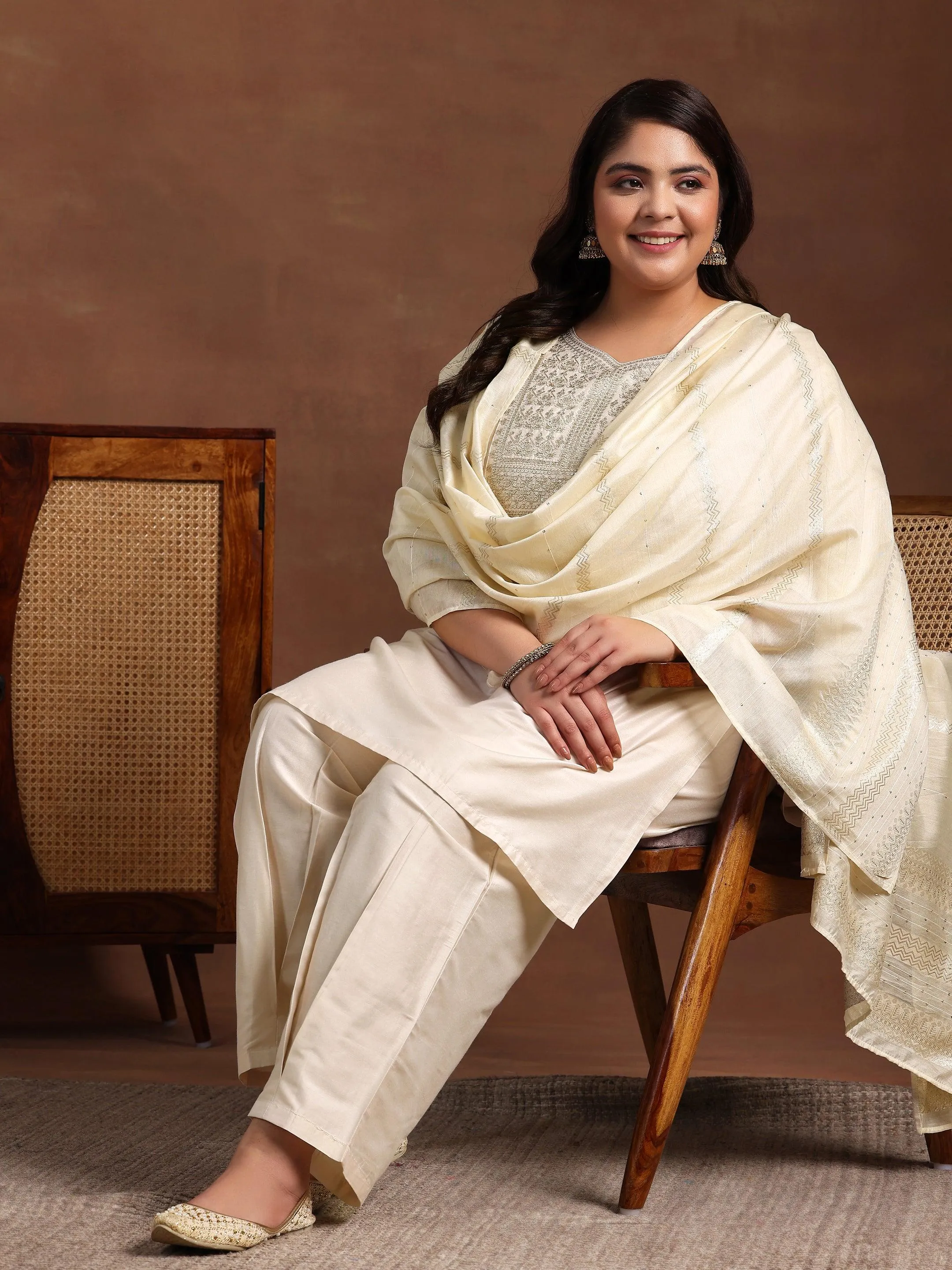 Plus Size Off White Yoke Design Silk Blend Straight Suit With Dupatta