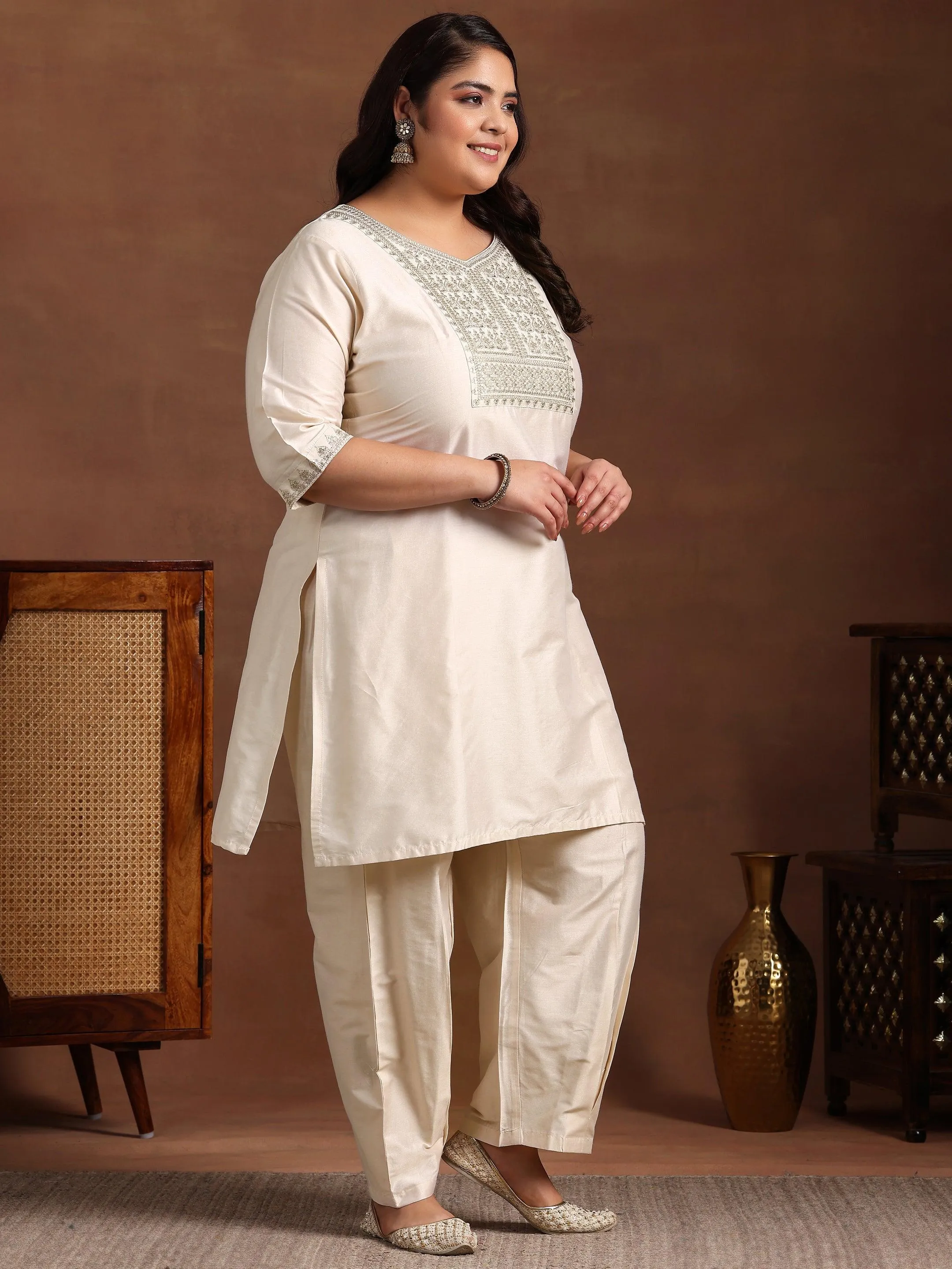 Plus Size Off White Yoke Design Silk Blend Straight Suit With Dupatta