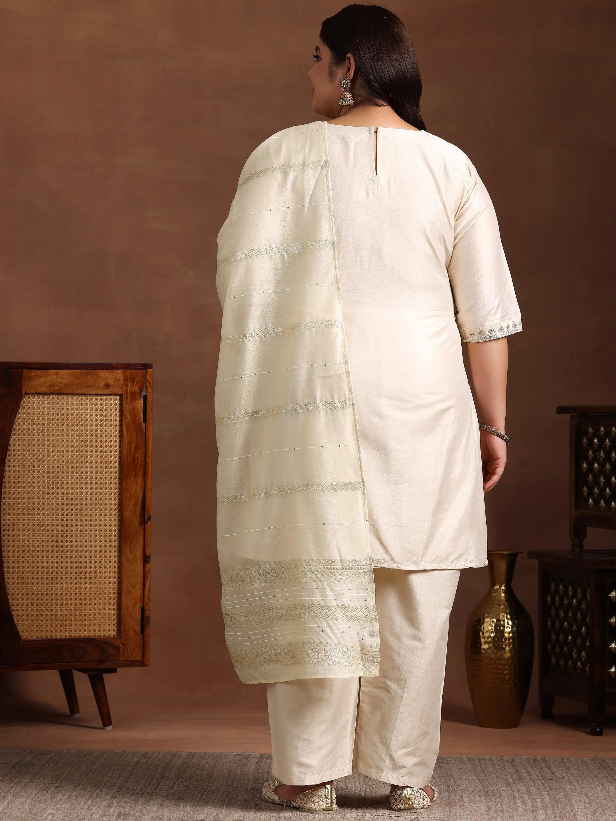 Plus Size Off White Yoke Design Silk Blend Straight Suit With Dupatta