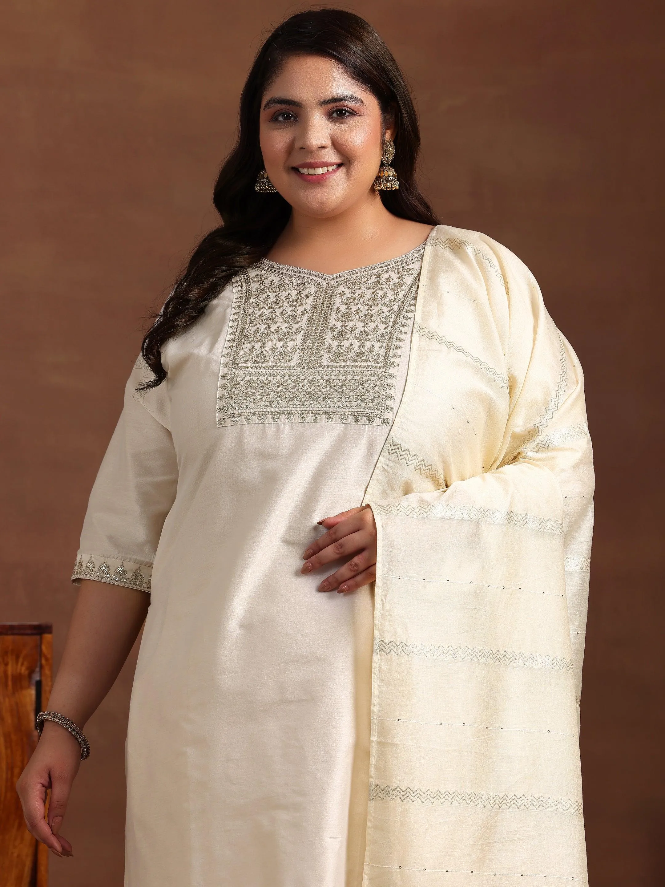 Plus Size Off White Yoke Design Silk Blend Straight Suit With Dupatta