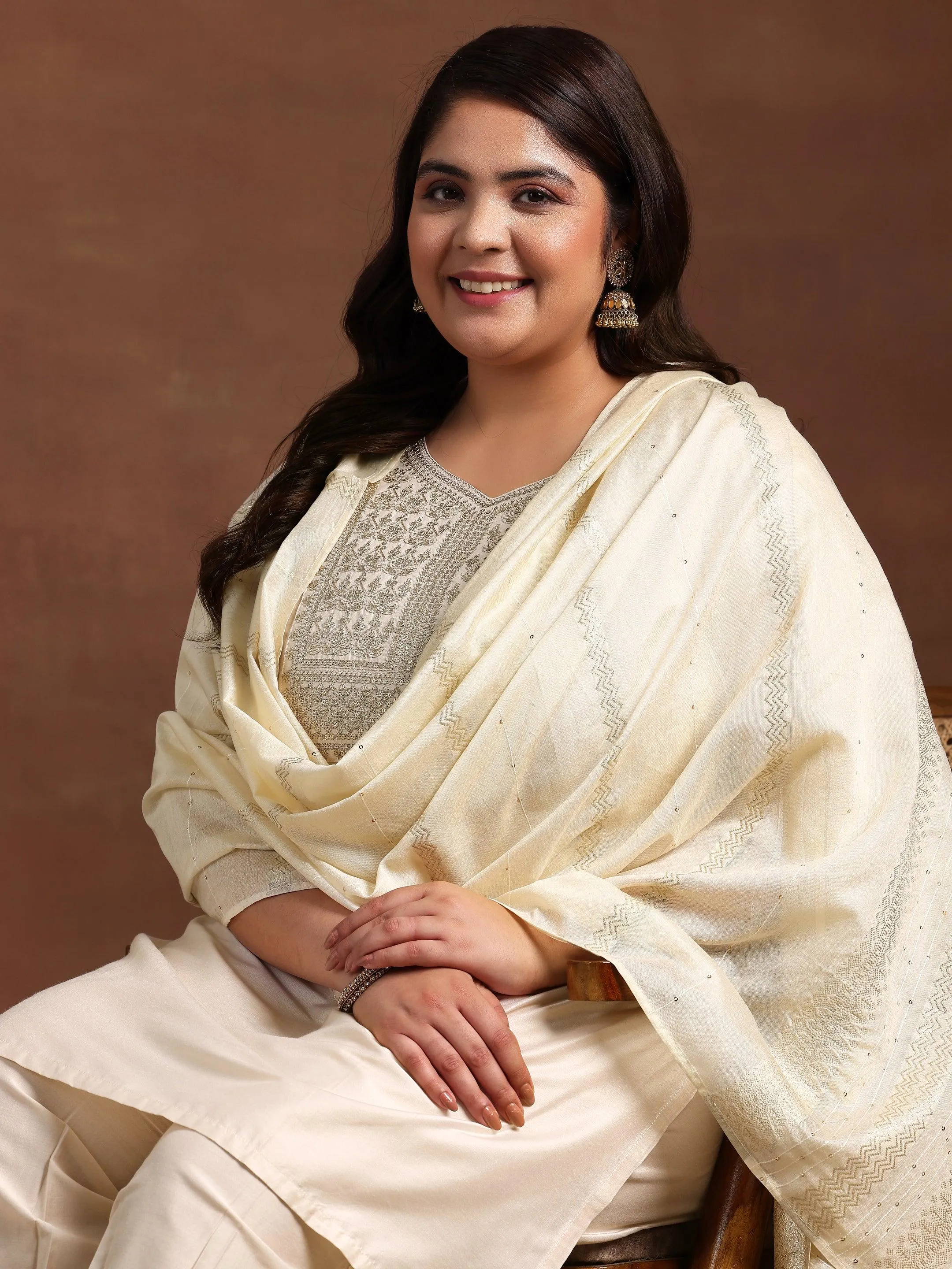 Plus Size Off White Yoke Design Silk Blend Straight Suit With Dupatta