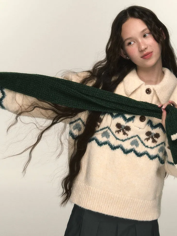 Polo-Neck Nordic Ribbon Knit Sweater