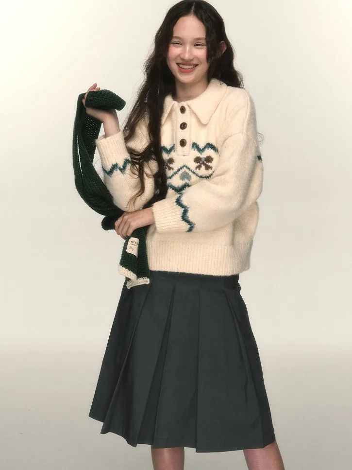 Polo-Neck Nordic Ribbon Knit Sweater