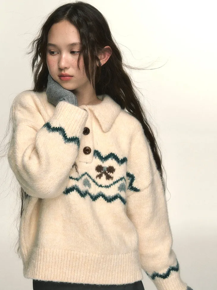 Polo-Neck Nordic Ribbon Knit Sweater