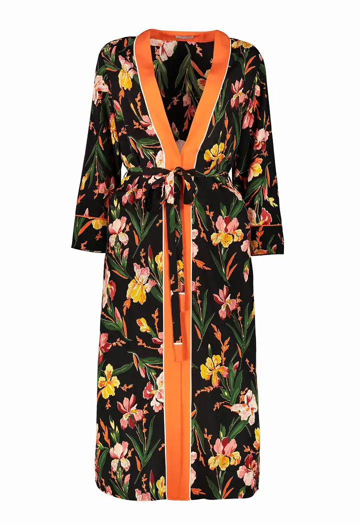 Printed Long Kimono With Contrast Tape