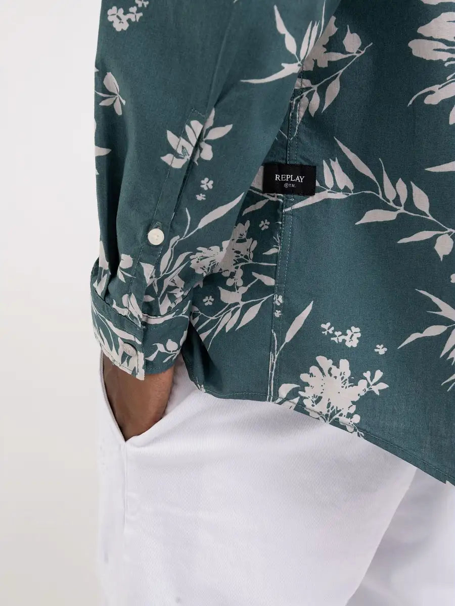 Replay PE24 Camicia con Fantasia Fiori Verde Man