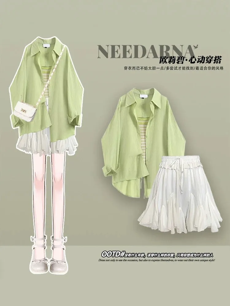 Summer outfit with a complete set of new tea break French dress mint green female dopamine wear shirt suit skirt