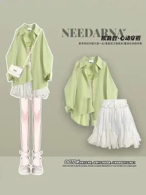 Summer outfit with a complete set of new tea break French dress mint green female dopamine wear shirt suit skirt