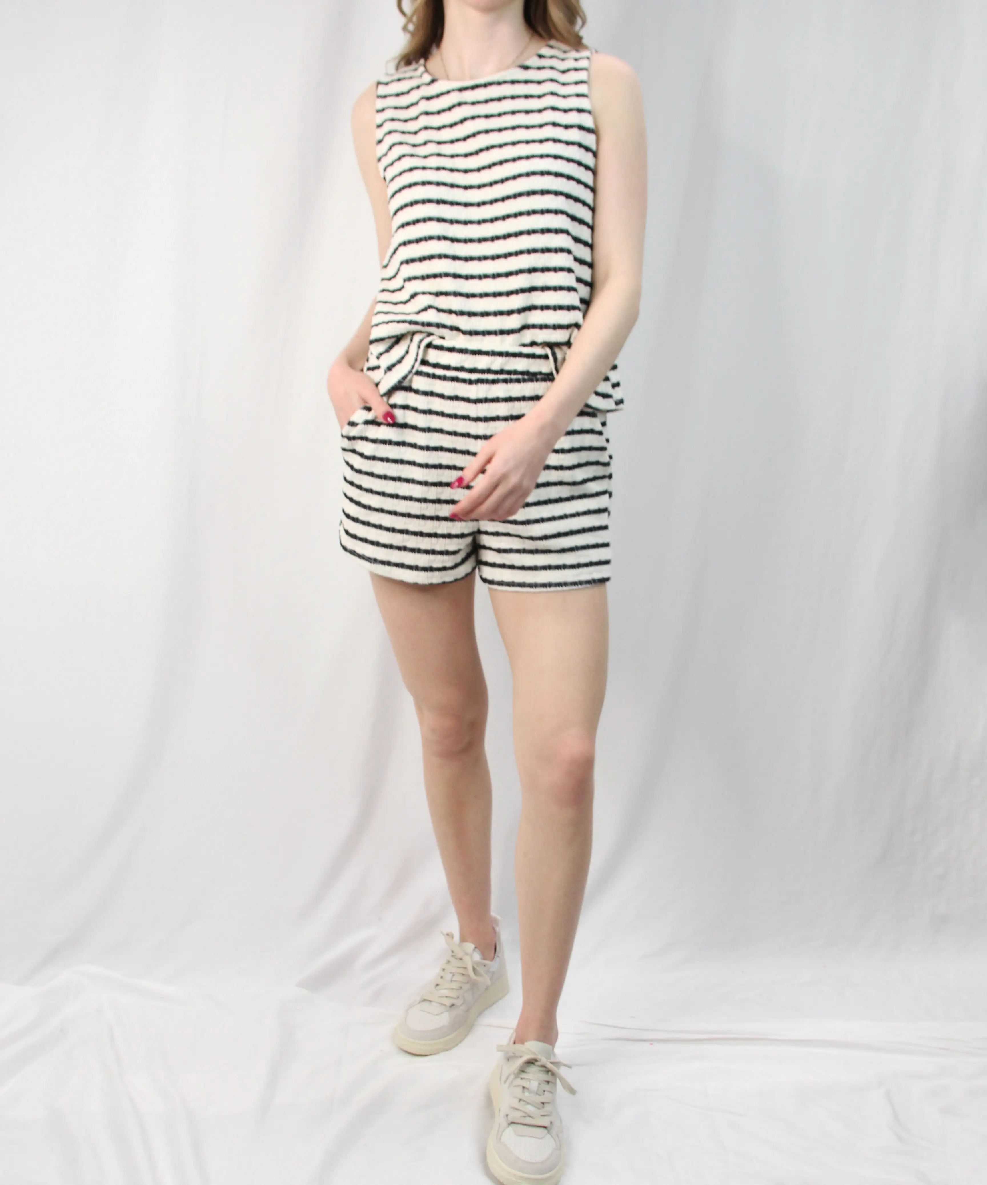 Textured Stripe Shorts - Cream/Navy Stripe