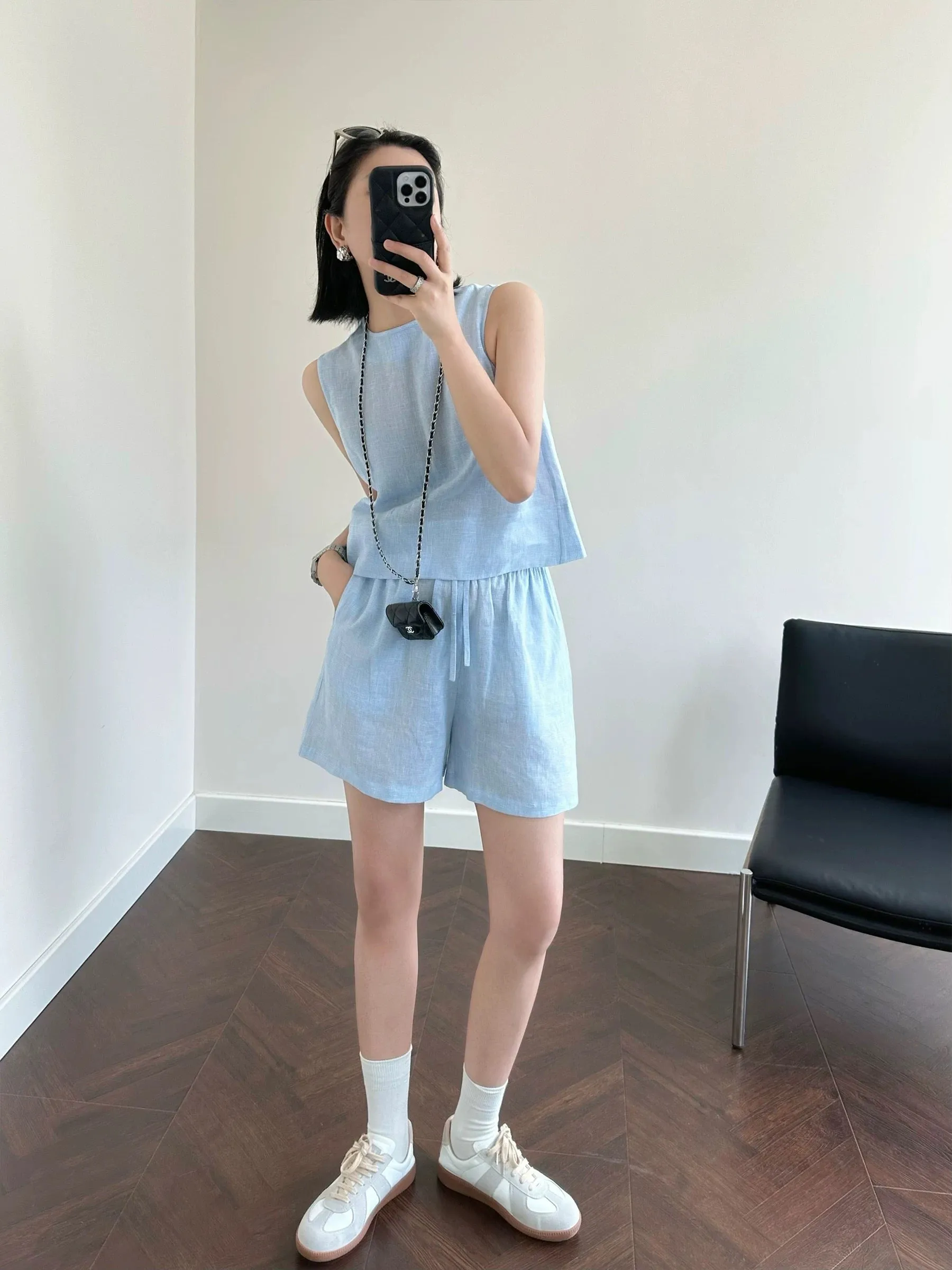 WANGER natural linen fine plaid lace-up vest drawstring shorts retro casual dopamine suit two-piece set