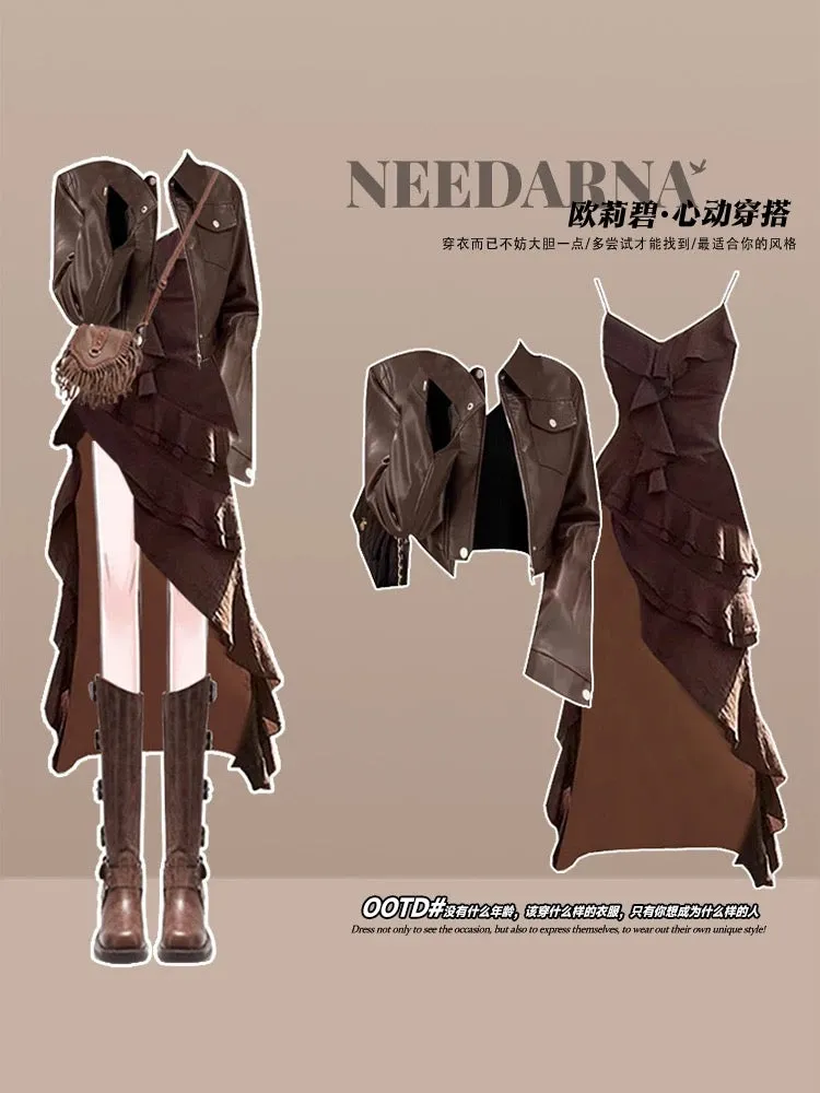 Wasteland style Northwest travel outfit hot girl temperament suspender dress women autumn Naples skirt suit