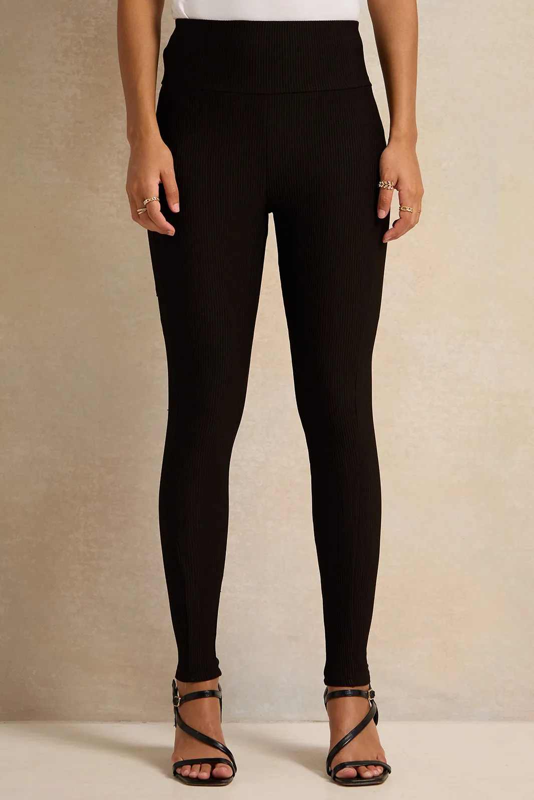 Women Black Ribbed Leggings