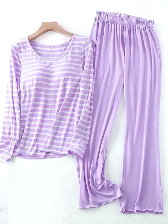 Women's Black and Pink Striped Loungewear Set with Kimono Cardigan in Premium Polyester