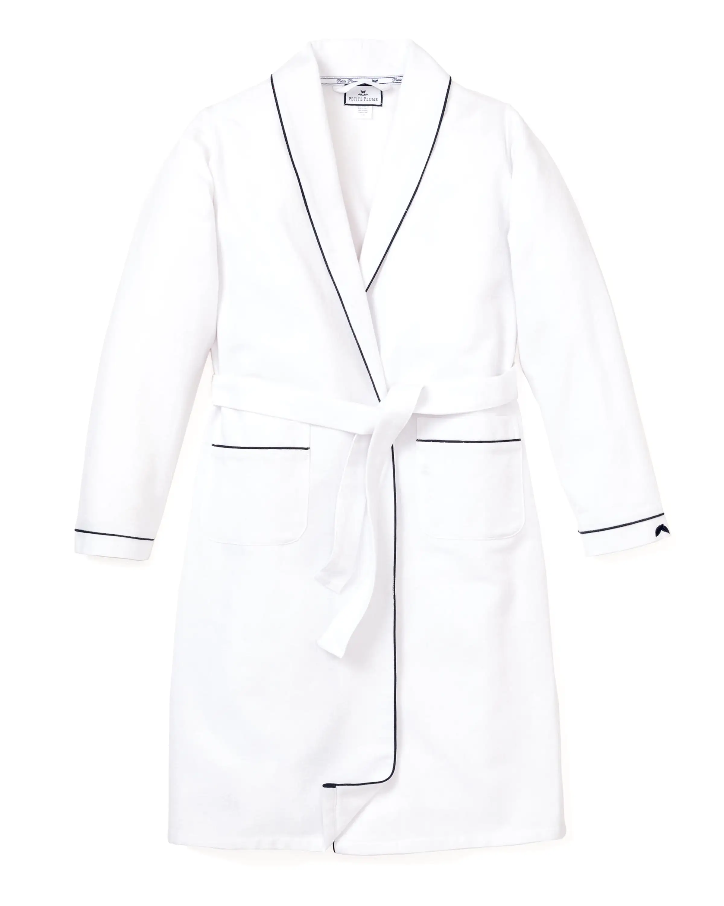 Women's White Flannel Robe with Navy Piping