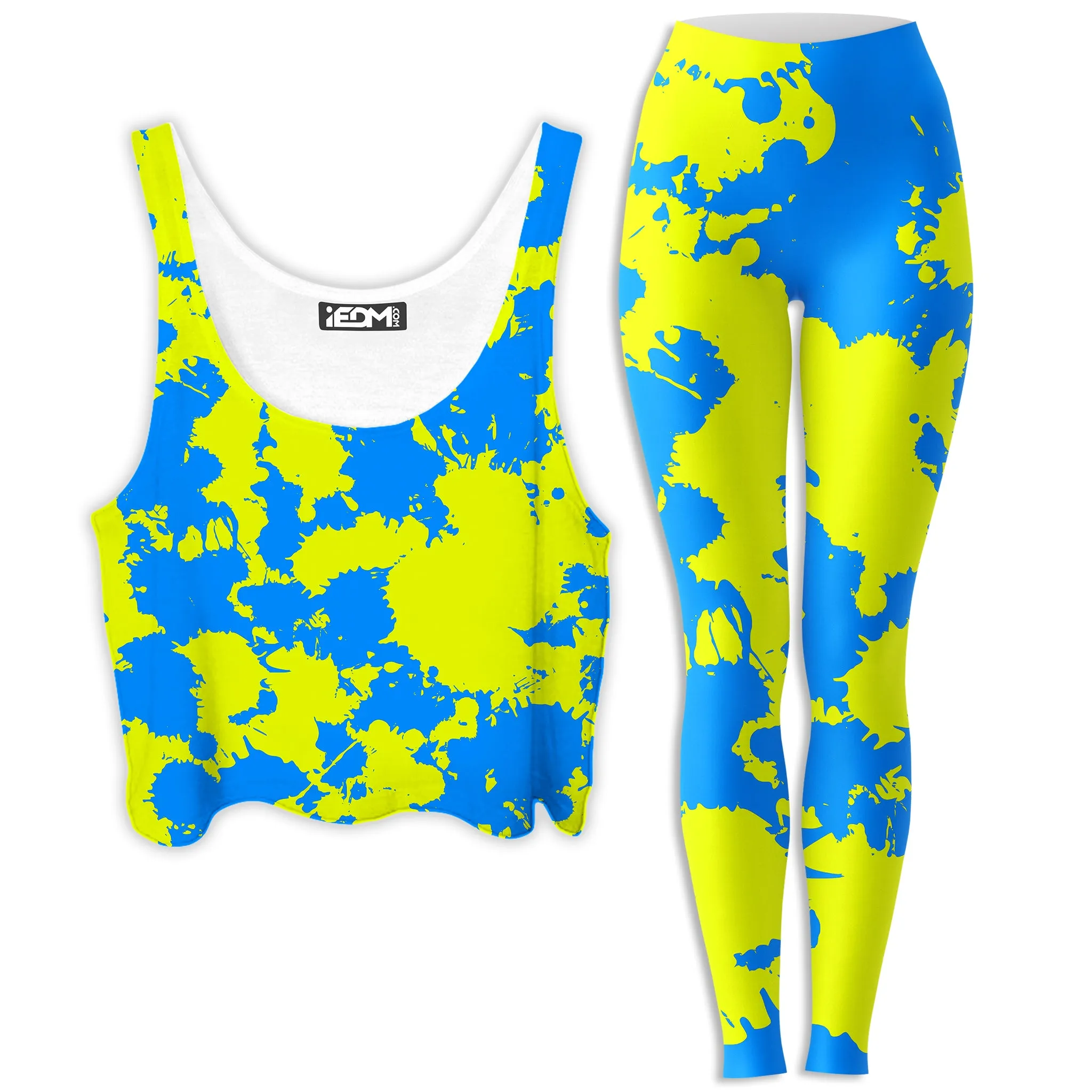 Yellow and Blue Paint Splatter Crop Top and Leggings Combo